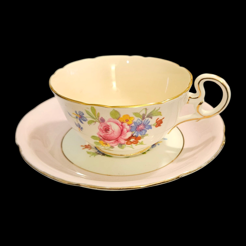 Vintage Grafton China Floral Teacup Saucer Set Pink Rose Gold Trim England